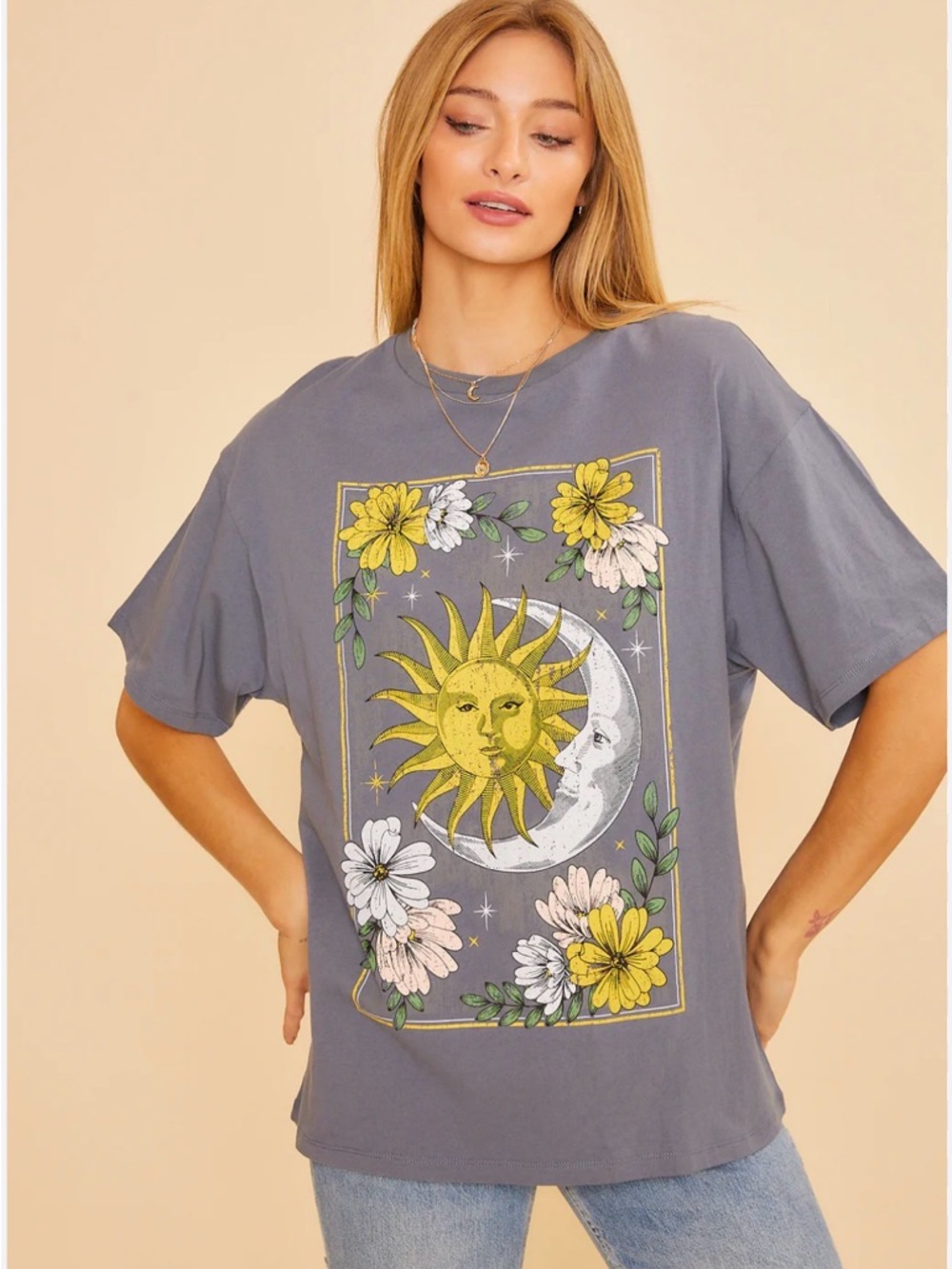 A403. Women’s Gray Sun & Moon Graphic Tee with Yellow Floral Print